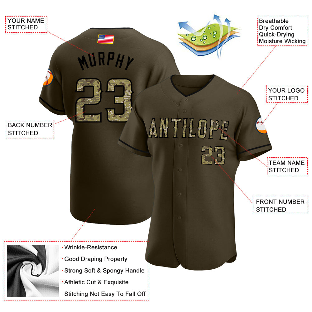 Custom Olive Camo-Black Authentic American Flag Fashion Salute To Service Baseball Jersey - Sky-Custom