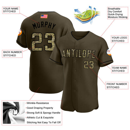 Custom Olive Camo-Black Authentic American Flag Fashion Salute To Service Baseball Jersey - Sky-Custom