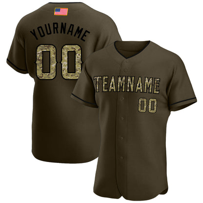 Custom Olive Camo-Black Authentic American Flag Fashion Salute To Service Baseball Jersey - Sky-Custom