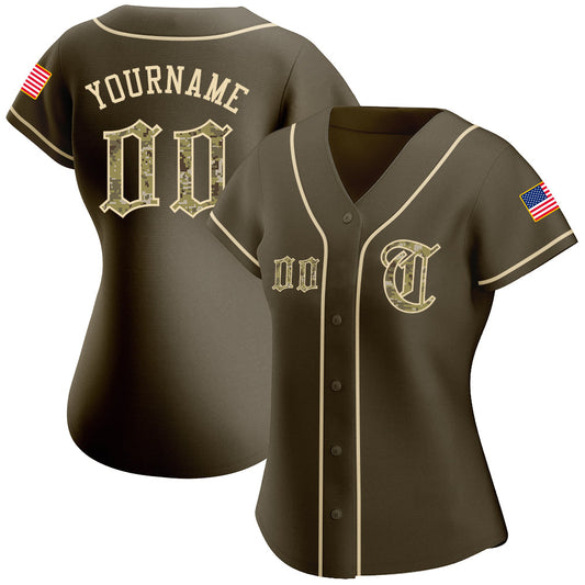 Custom Olive Camo-City Cream Authentic American Flag Fashion Salute To Service Baseball Jersey - Sky-Custom