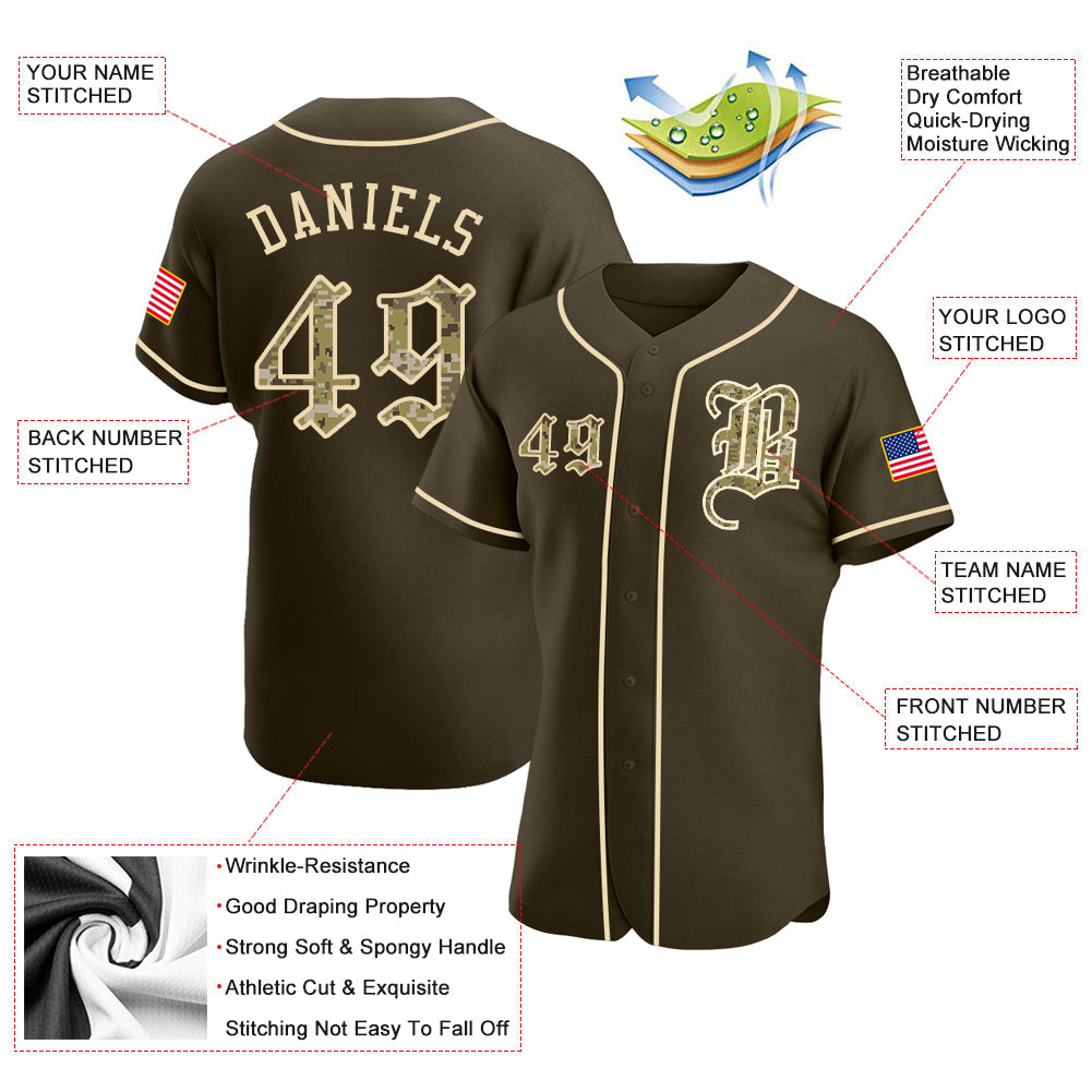 Custom Olive Camo-City Cream Authentic American Flag Fashion Salute To Service Baseball Jersey - Sky-Custom
