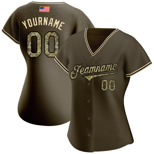 Custom Olive Camo-Black Authentic American Flag Fashion Salute To Service Baseball Jersey - Sky-Custom