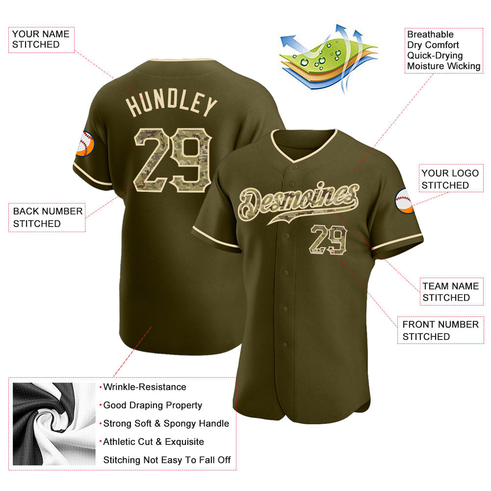 Custom Olive Camo-City Cream Authentic Salute To Service Baseball Jersey - Sky-Custom