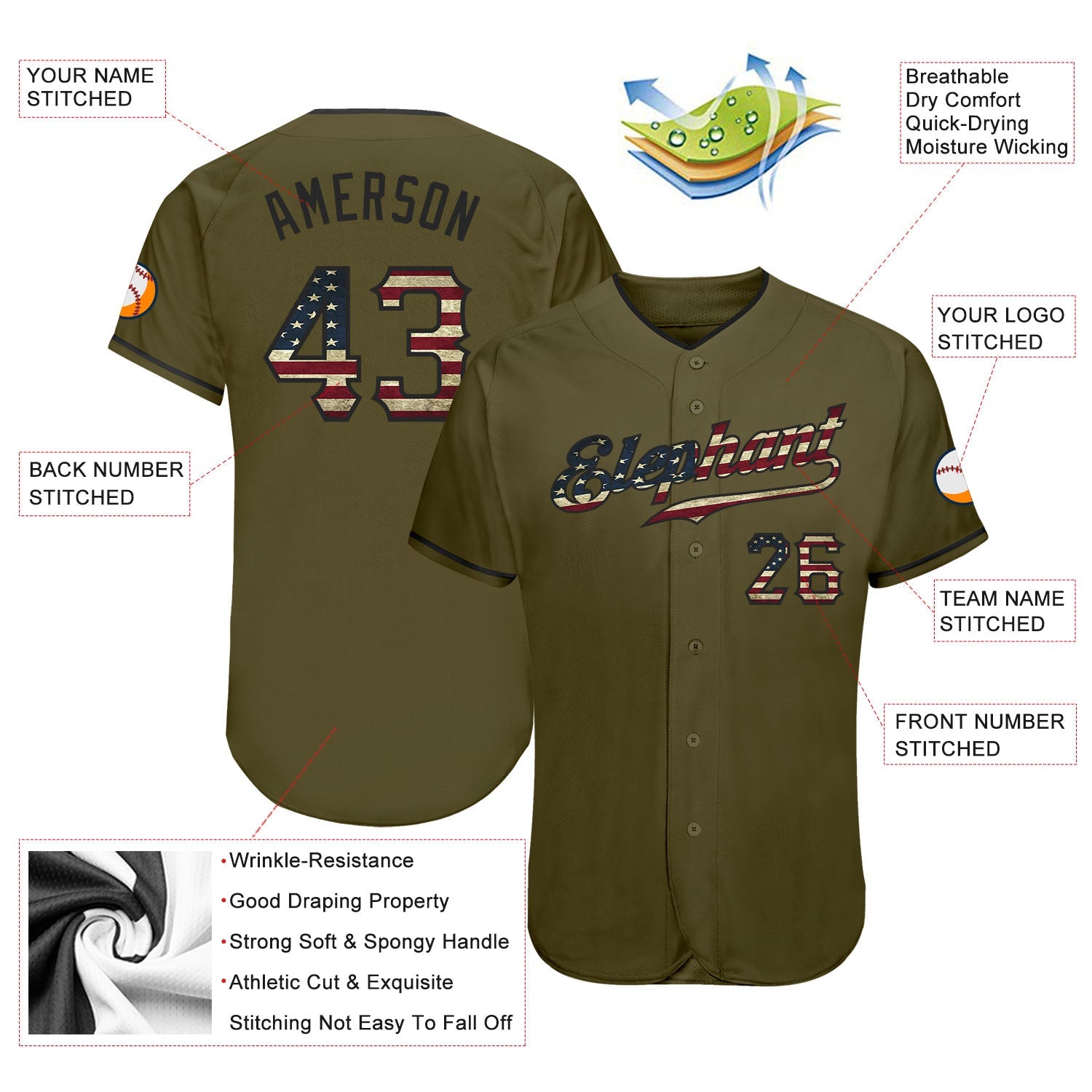 Custom Olive Vintage USA Flag-Black Authentic Salute To Service Baseball Jersey - Sky-Custom