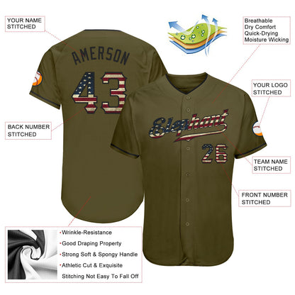 Custom Olive Vintage USA Flag-Black Authentic Salute To Service Baseball Jersey - Sky-Custom