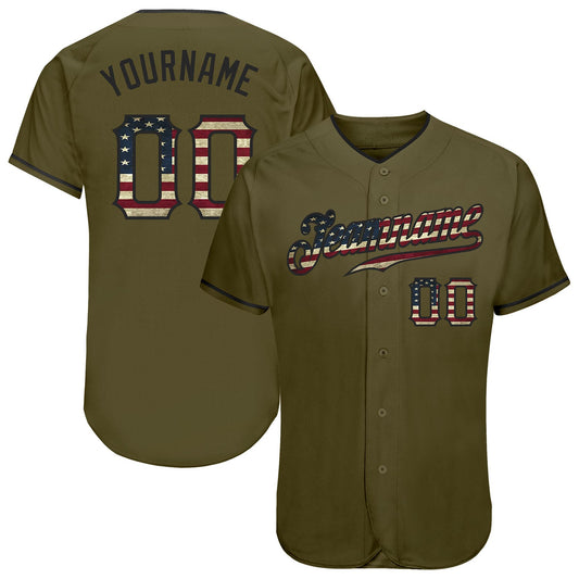 Custom Olive Vintage USA Flag-Black Authentic Salute To Service Baseball Jersey - Sky-Custom