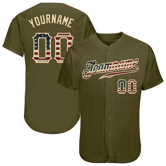 Custom Olive Vintage USA Flag-Cream Authentic Salute To Service Baseball Jersey - Sky-Custom