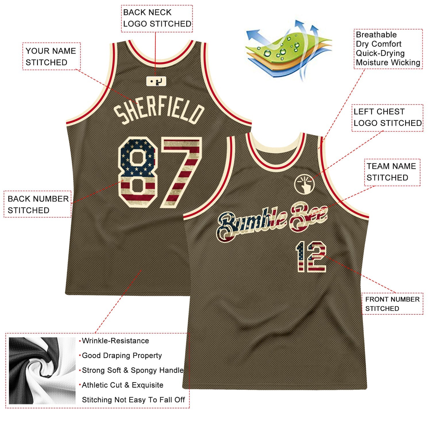 Custom Olive Vintage USA Flag-Cream Authentic Throwback Salute To Service Basketball Jersey - Sky-Custom