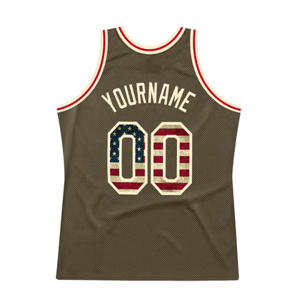 Custom Olive Vintage USA Flag-Cream Authentic Throwback Salute To Service Basketball Jersey - Sky-Custom