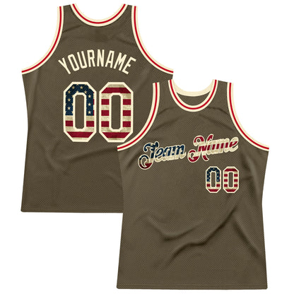 Custom Olive Vintage USA Flag-Cream Authentic Throwback Salute To Service Basketball Jersey - Sky-Custom