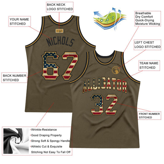 Custom Olive Vintage USA Flag-Black Authentic Throwback Salute To Service Basketball Jersey - Sky-Custom