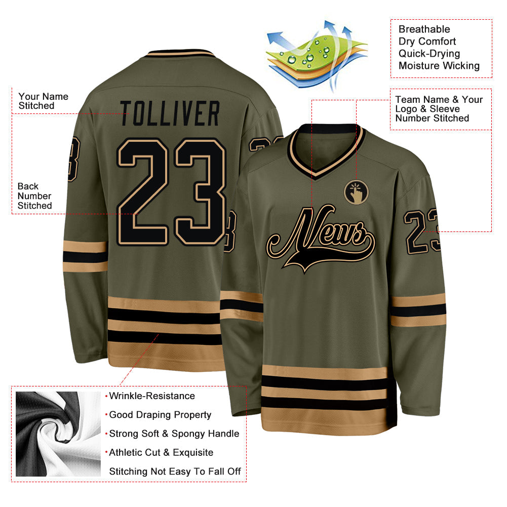 Custom Olive Black-Old Gold Salute To Service Hockey Jersey - Sky-Custom