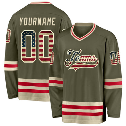 Custom Olive Vintage USA Flag-Cream Salute To Service Hockey Jersey - Sky-Custom