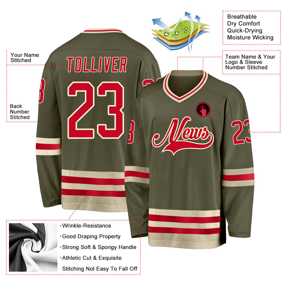 Custom Olive Red-Cream Salute To Service Hockey Jersey - Sky-Custom