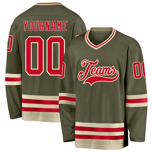 Custom Olive Red-Cream Salute To Service Hockey Jersey - Sky-Custom