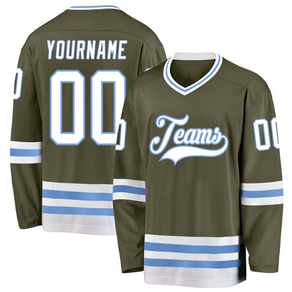 Custom Olive White-Light Blue Salute To Service Hockey Jersey - Sky-Custom