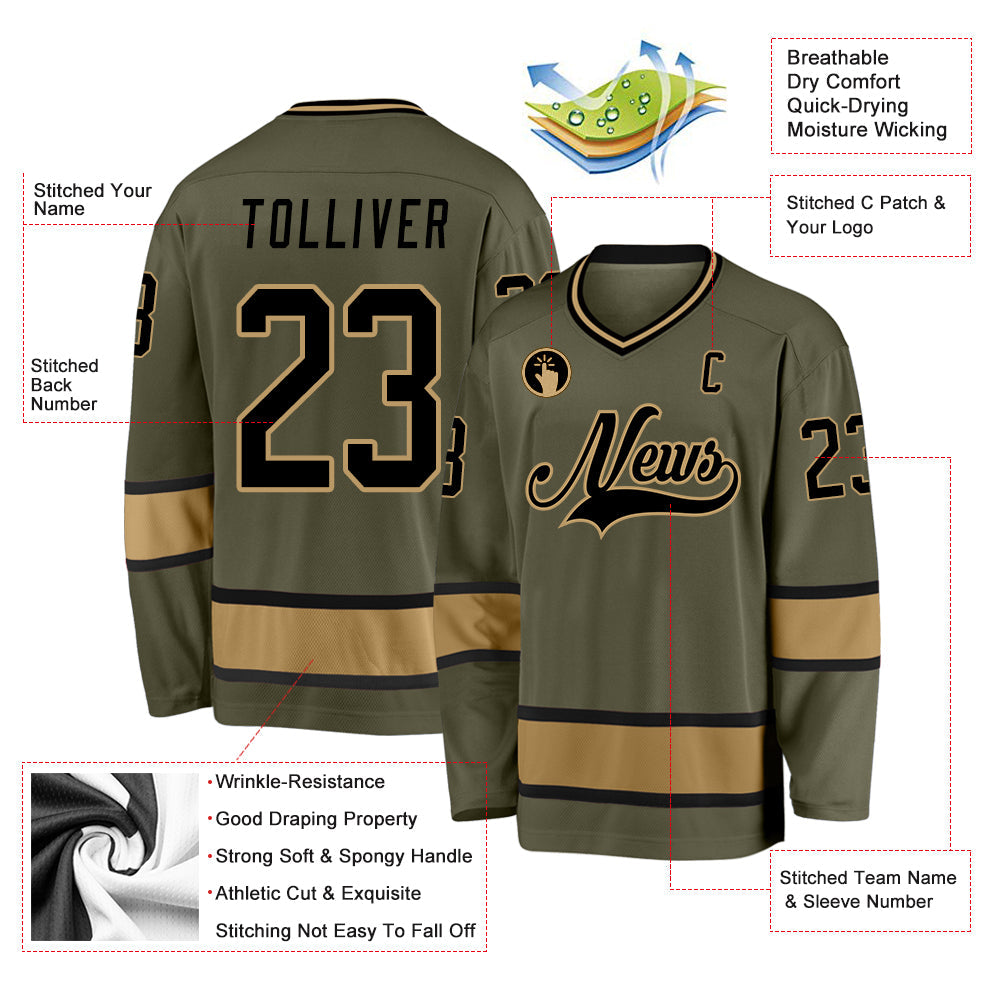 Custom Olive Black-Old Gold Salute To Service Hockey Jersey - Sky-Custom