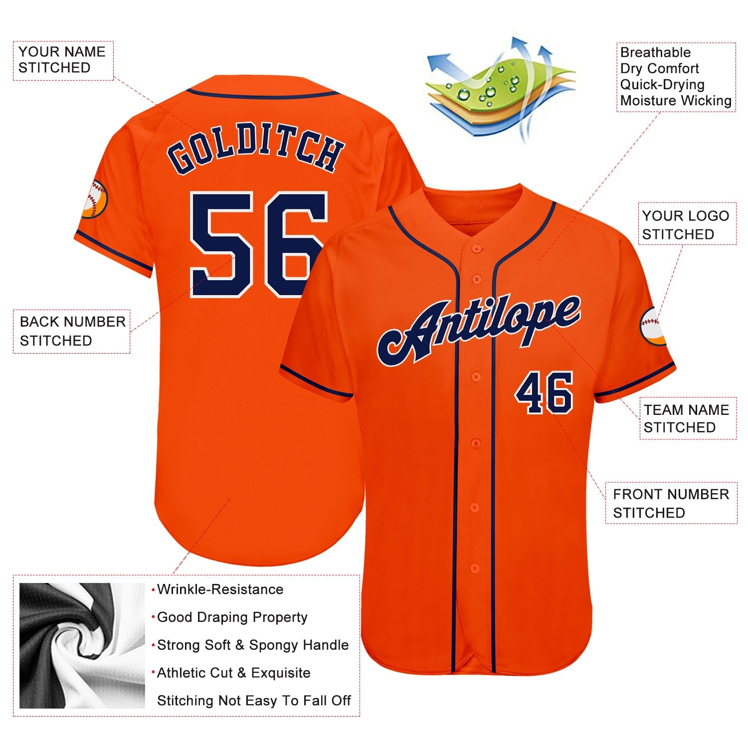 Custom Orange Navy-White Authentic Baseball Jersey - Sky-Custom