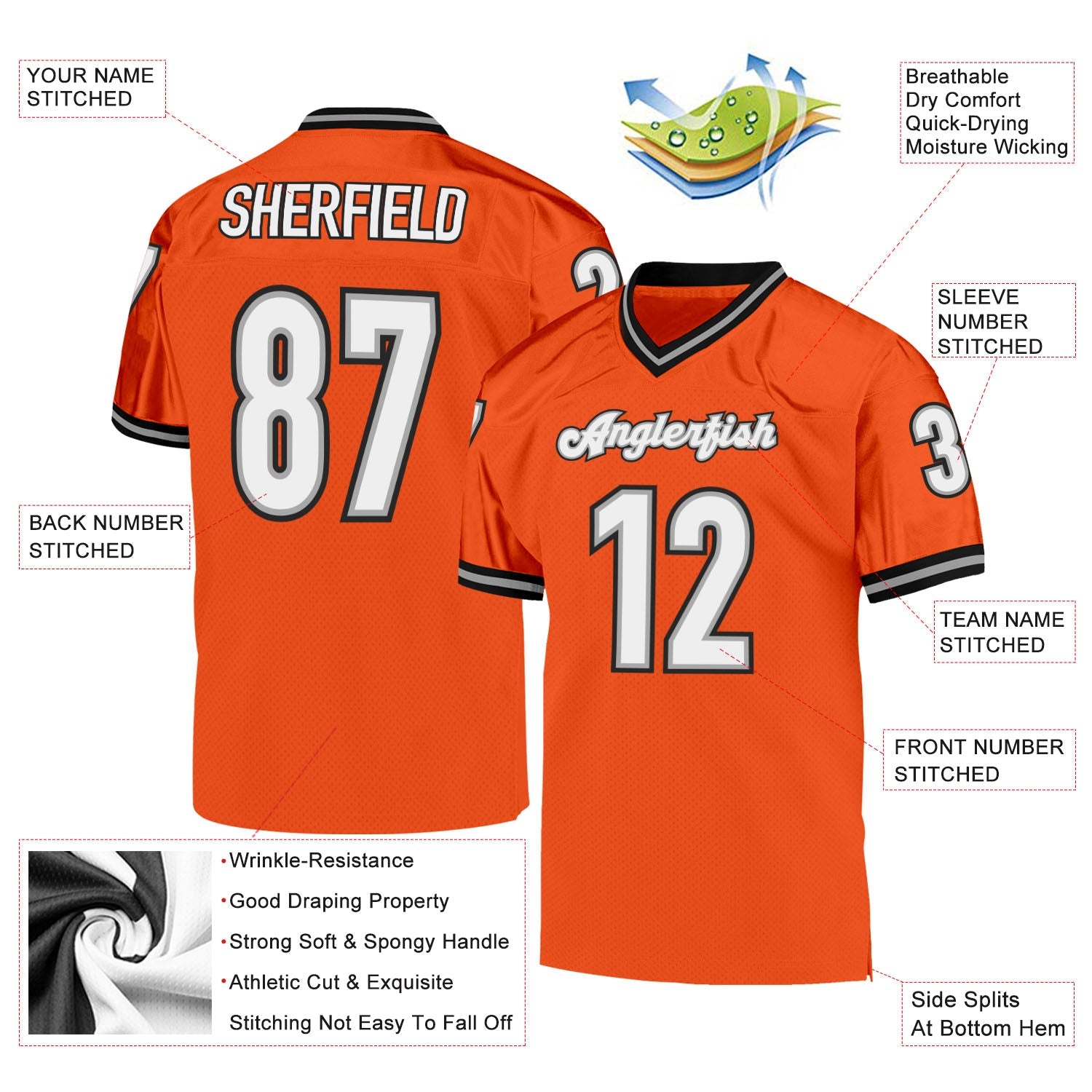 Custom Orange White-Black Mesh Authentic Throwback Football Jersey - Sky-Custom