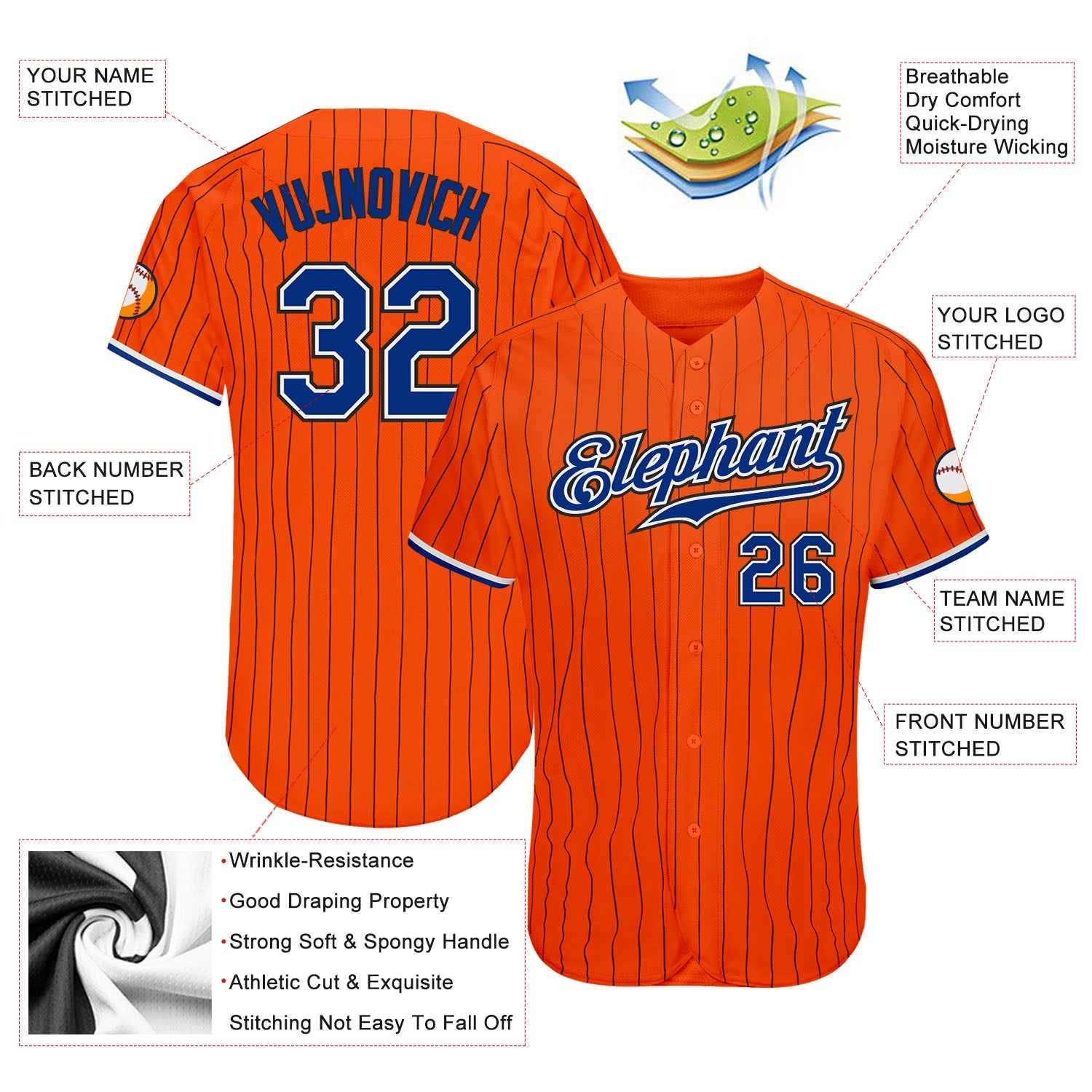 Custom Orange Black Pinstripe Royal-Black Authentic Baseball Jersey - Sky-Custom