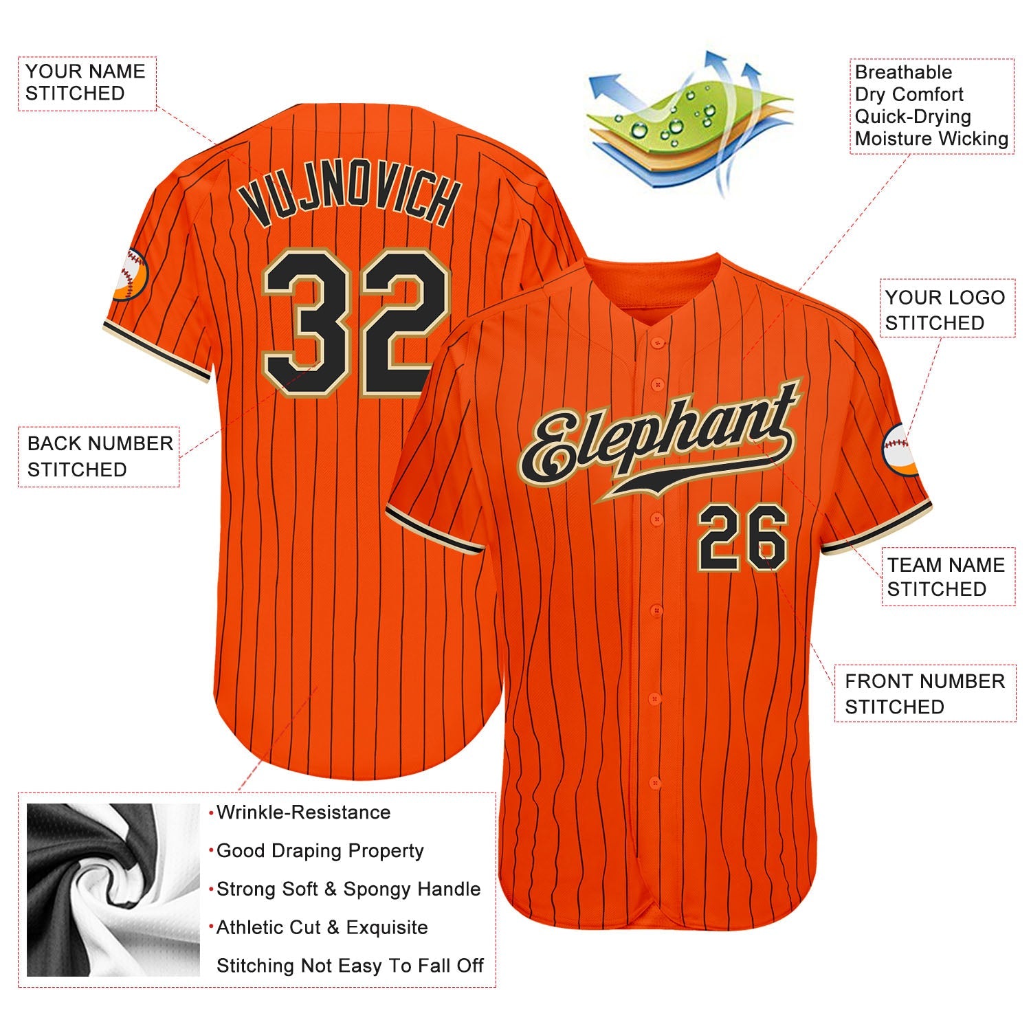 Custom Orange Black Pinstripe Black-Old Gold Authentic Baseball Jersey - Sky-Custom