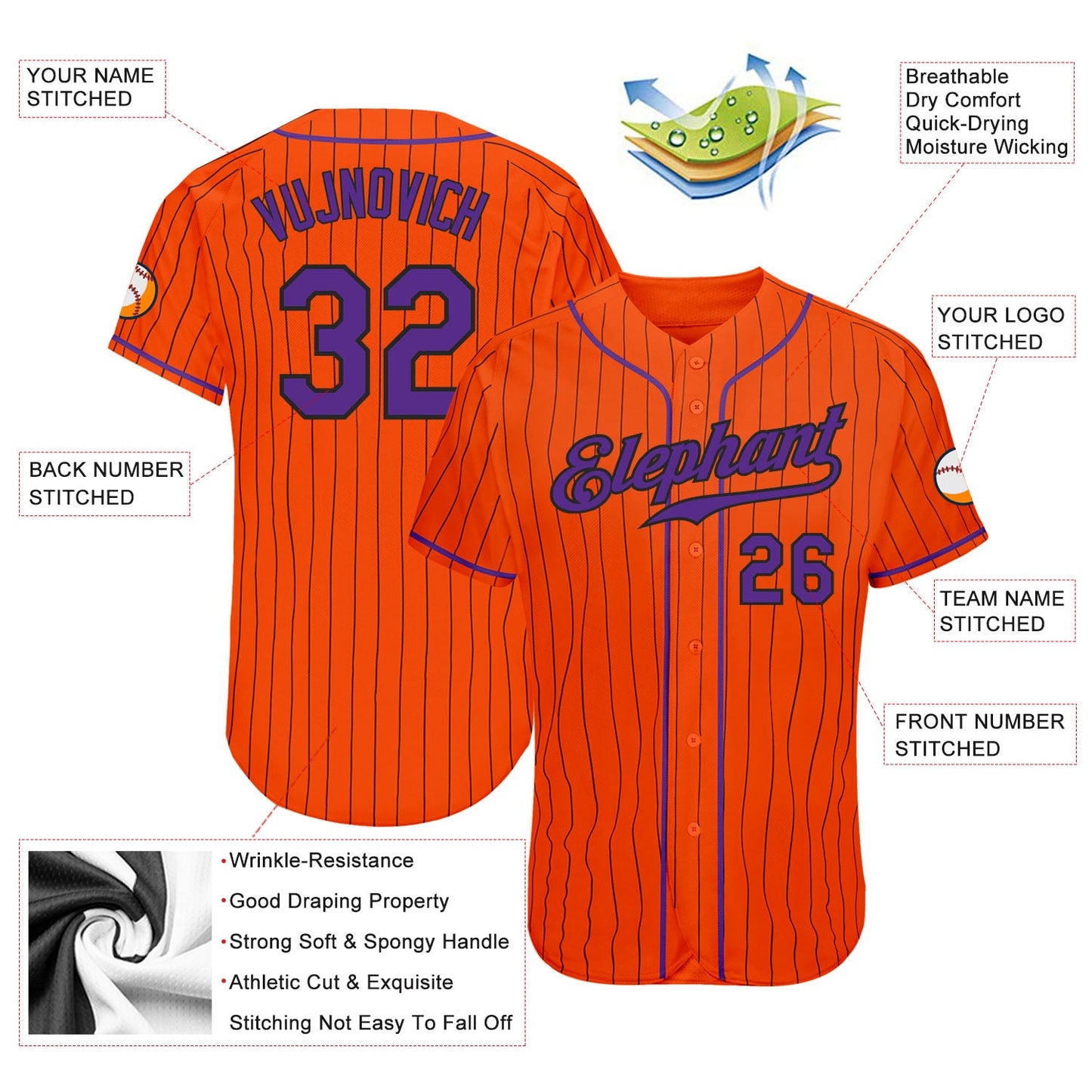 Custom Orange Black Pinstripe Purple-Black Authentic Baseball Jersey - Sky-Custom