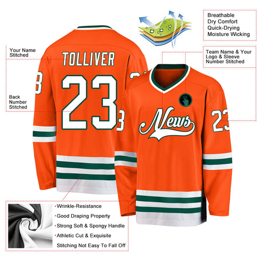 Custom Orange White-Green Hockey Jersey - Sky-Custom