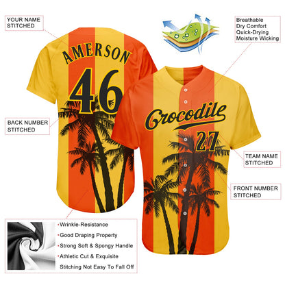 Custom Orange Black-Gold 3D Pattern Design Hawaii Coconut Trees Authentic Baseball Jersey - Sky-Custom