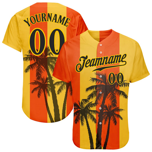 Custom Orange Black-Gold 3D Pattern Design Hawaii Coconut Trees Authentic Baseball Jersey - Sky-Custom