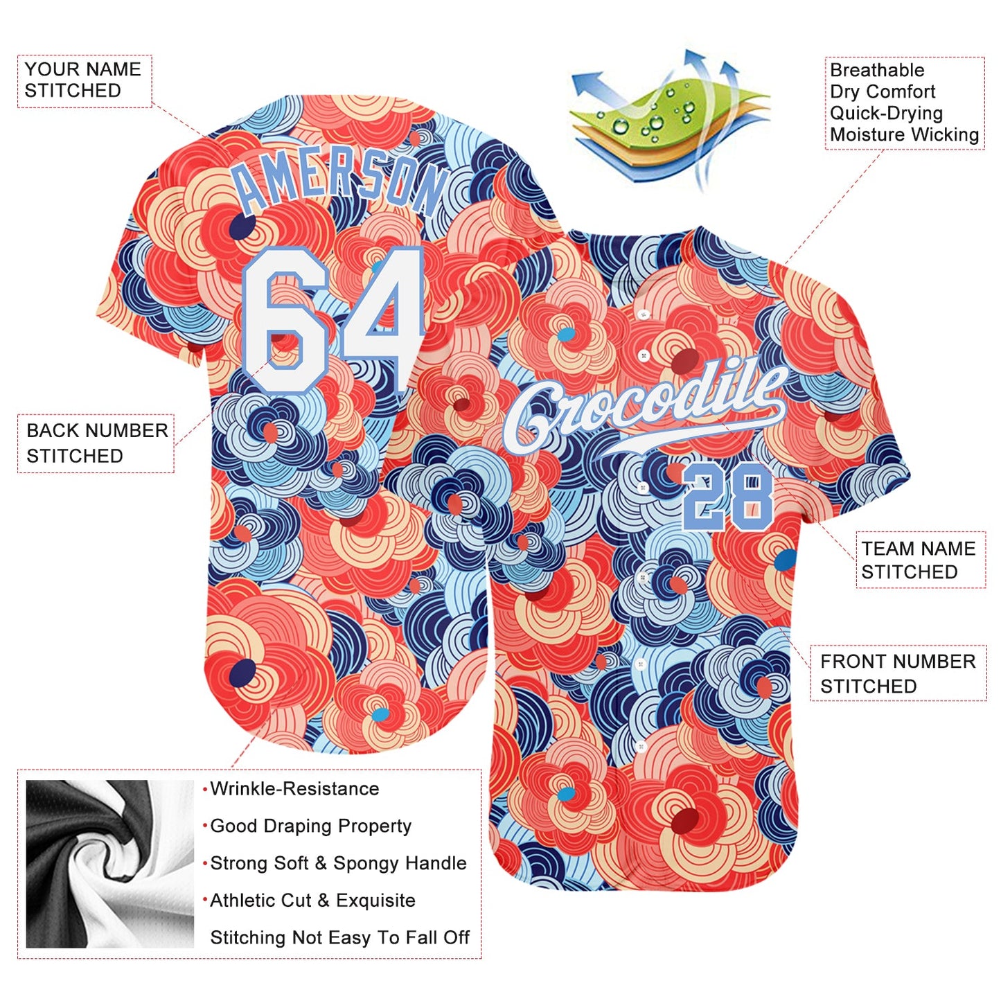 Custom Orange White-Light Blue 3D Pattern Design Flowers Authentic Baseball Jersey - Sky-Custom