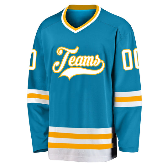Custom Panther Blue White-Gold Hockey Jersey - Sky-Custom