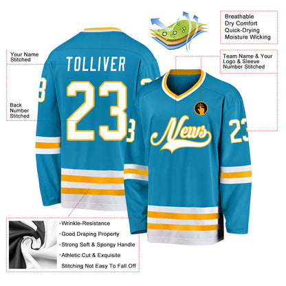 Custom Panther Blue White-Gold Hockey Jersey - Sky-Custom