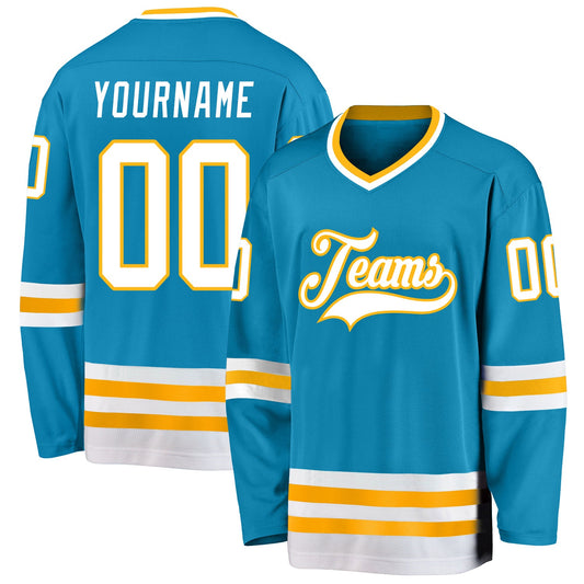 Custom Panther Blue White-Gold Hockey Jersey - Sky-Custom