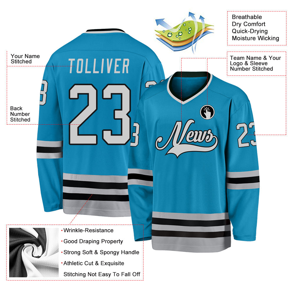 Custom Panther Blue Gray-Black Hockey Jersey - Sky-Custom