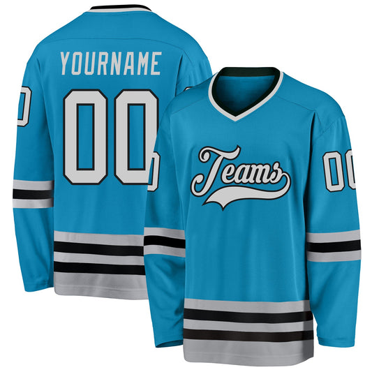 Custom Panther Blue Gray-Black Hockey Jersey - Sky-Custom