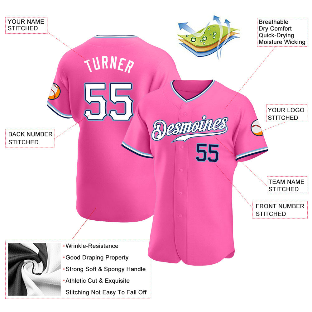 Custom Pink White-Navy Authentic Baseball Jersey - Sky-Custom