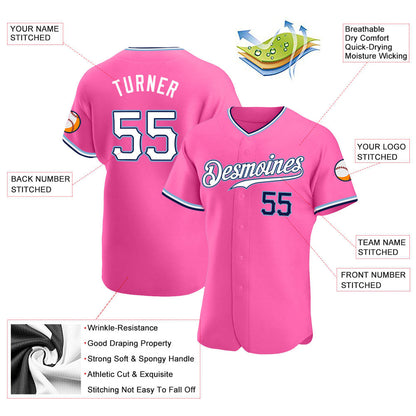 Custom Pink White-Navy Authentic Baseball Jersey - Sky-Custom