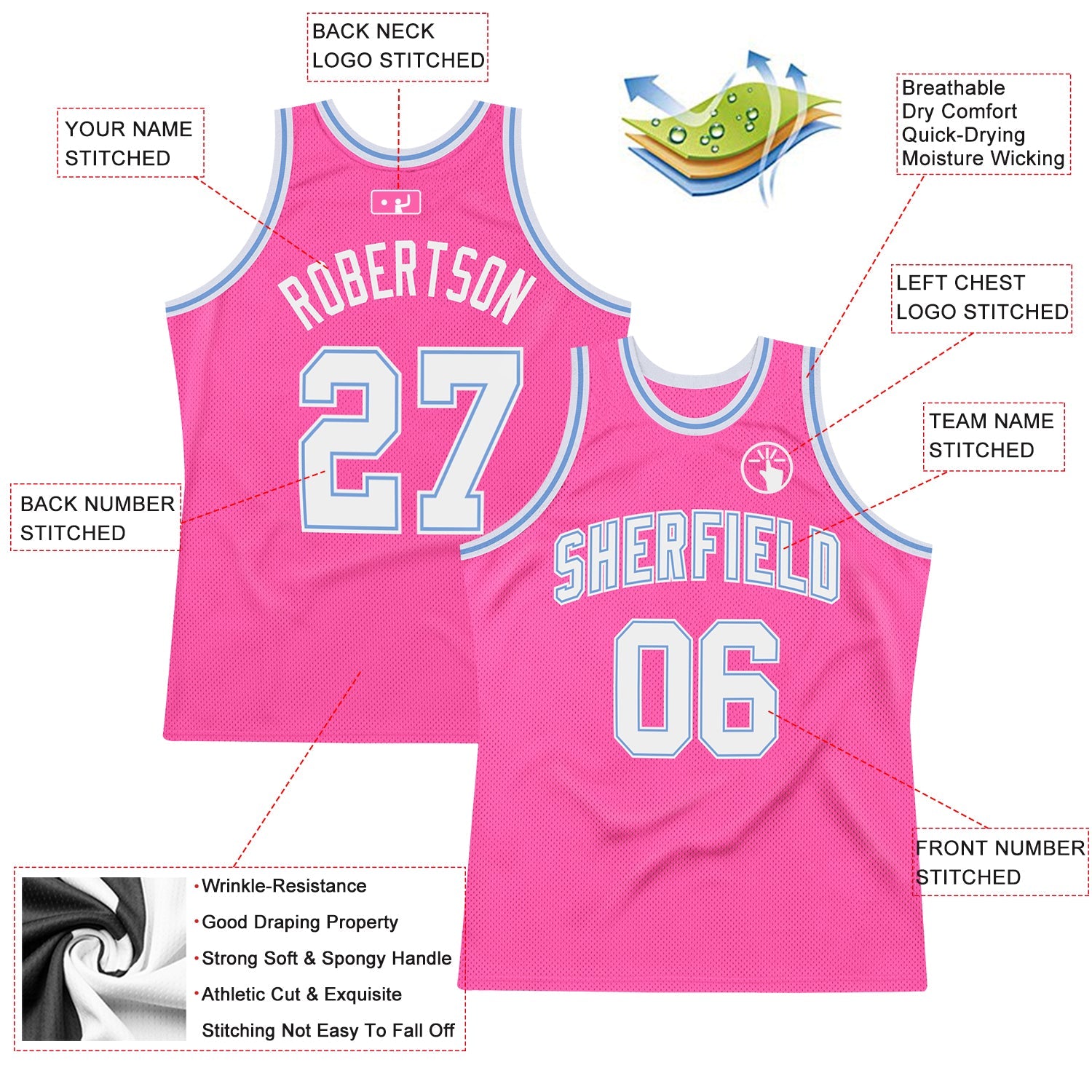 Custom Pink White-Light Blue Authentic Throwback Basketball Jersey - Sky-Custom