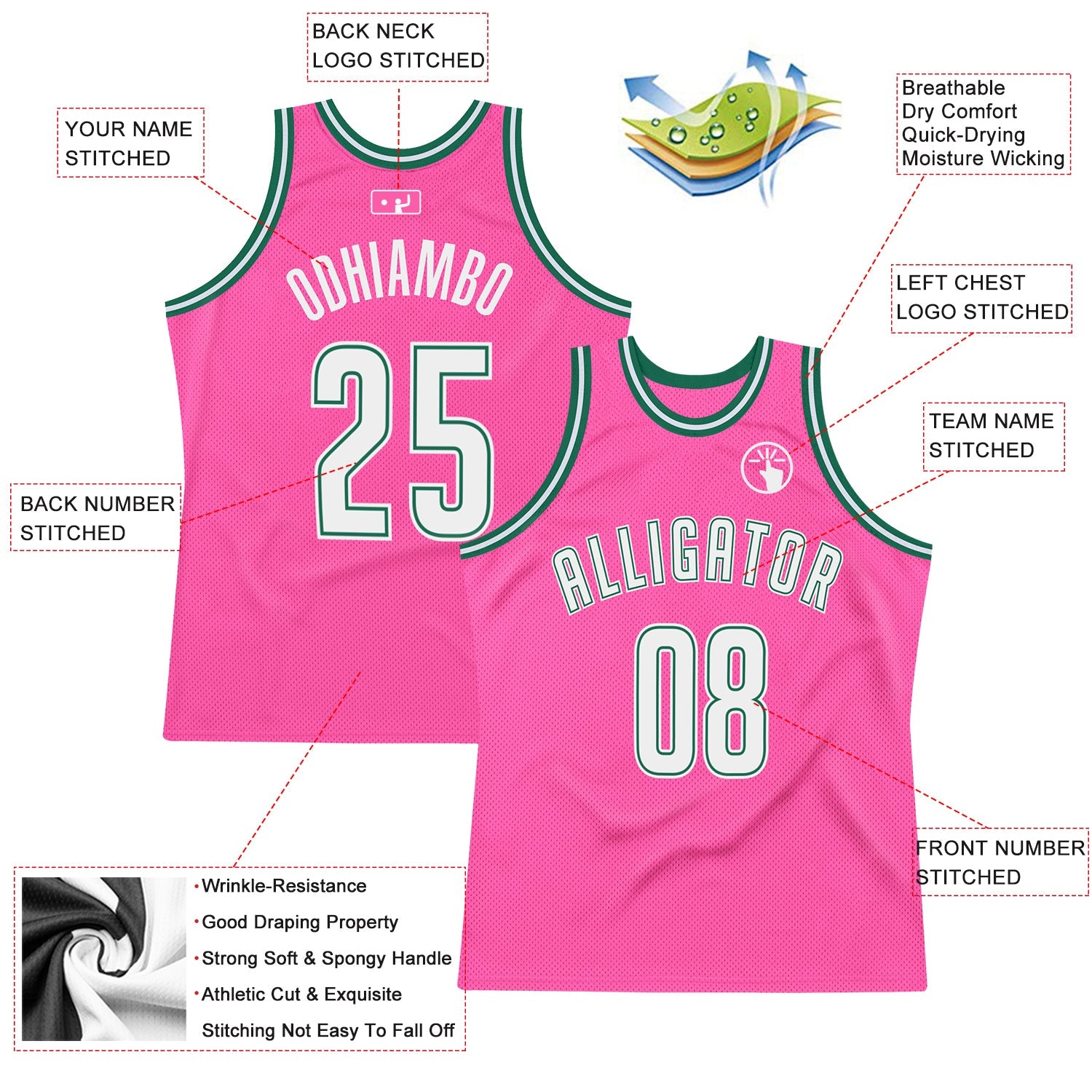 Custom Pink White-Kelly Green Authentic Throwback Basketball Jersey - Sky-Custom