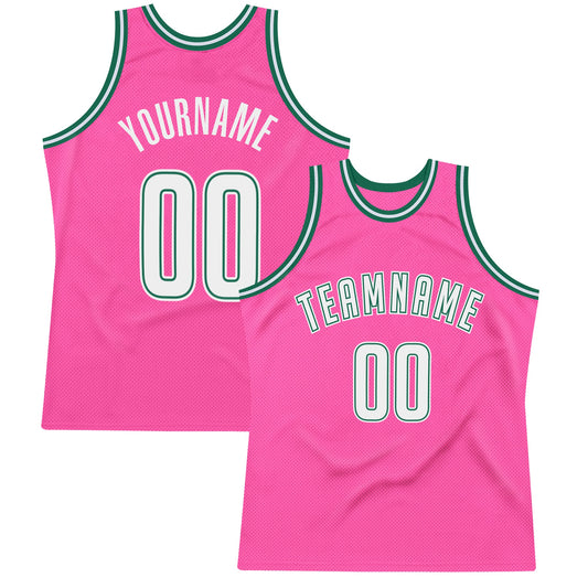 Custom Pink White-Kelly Green Authentic Throwback Basketball Jersey - Sky-Custom