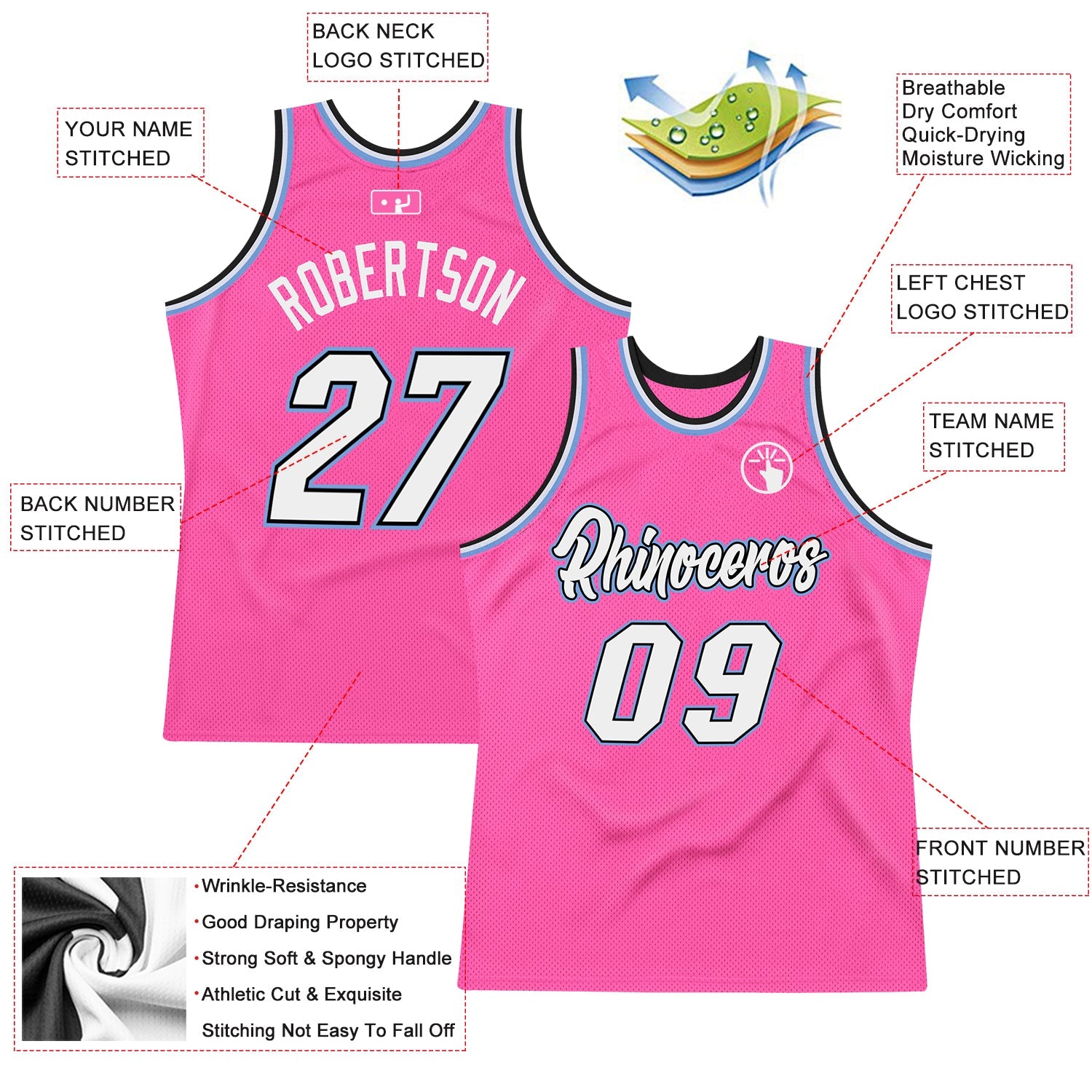 Custom Pink White-Light Blue Authentic Throwback Basketball Jersey - Sky-Custom