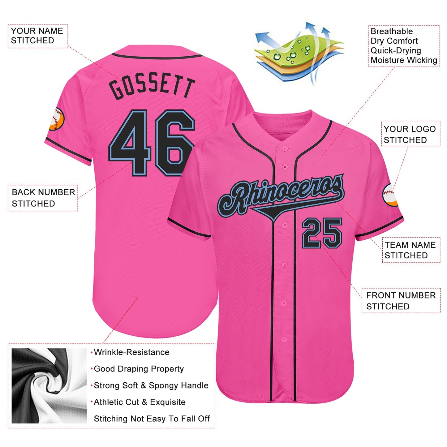 Custom Pink Black-Light Blue Authentic Baseball Jersey - Sky-Custom