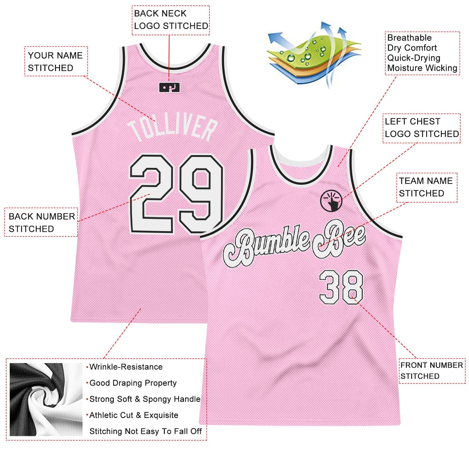Custom Light Pink White-Black Authentic Throwback Basketball Jersey - Sky-Custom