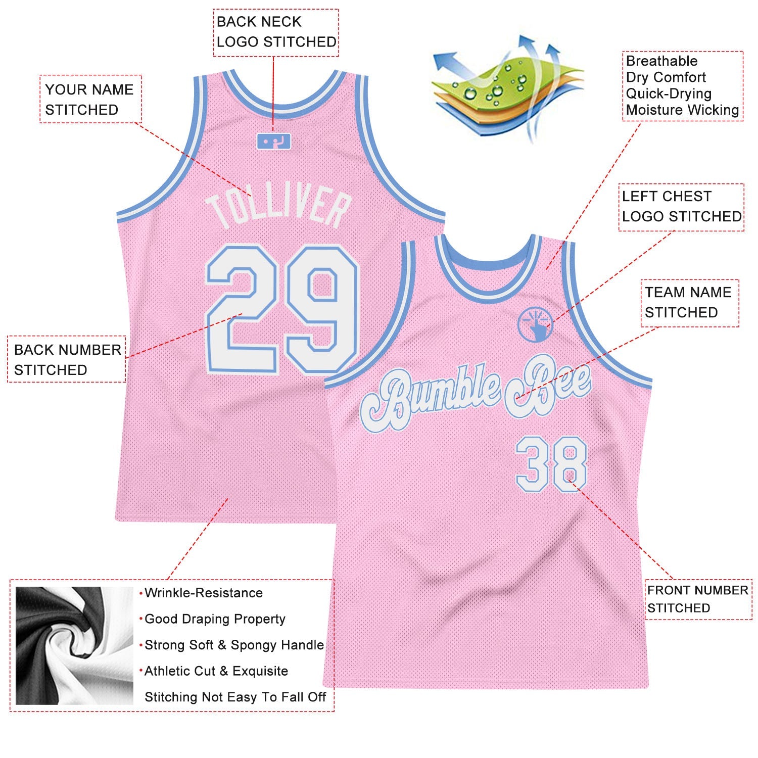 Custom Light Pink White-Light Blue Authentic Throwback Basketball Jersey - Sky-Custom
