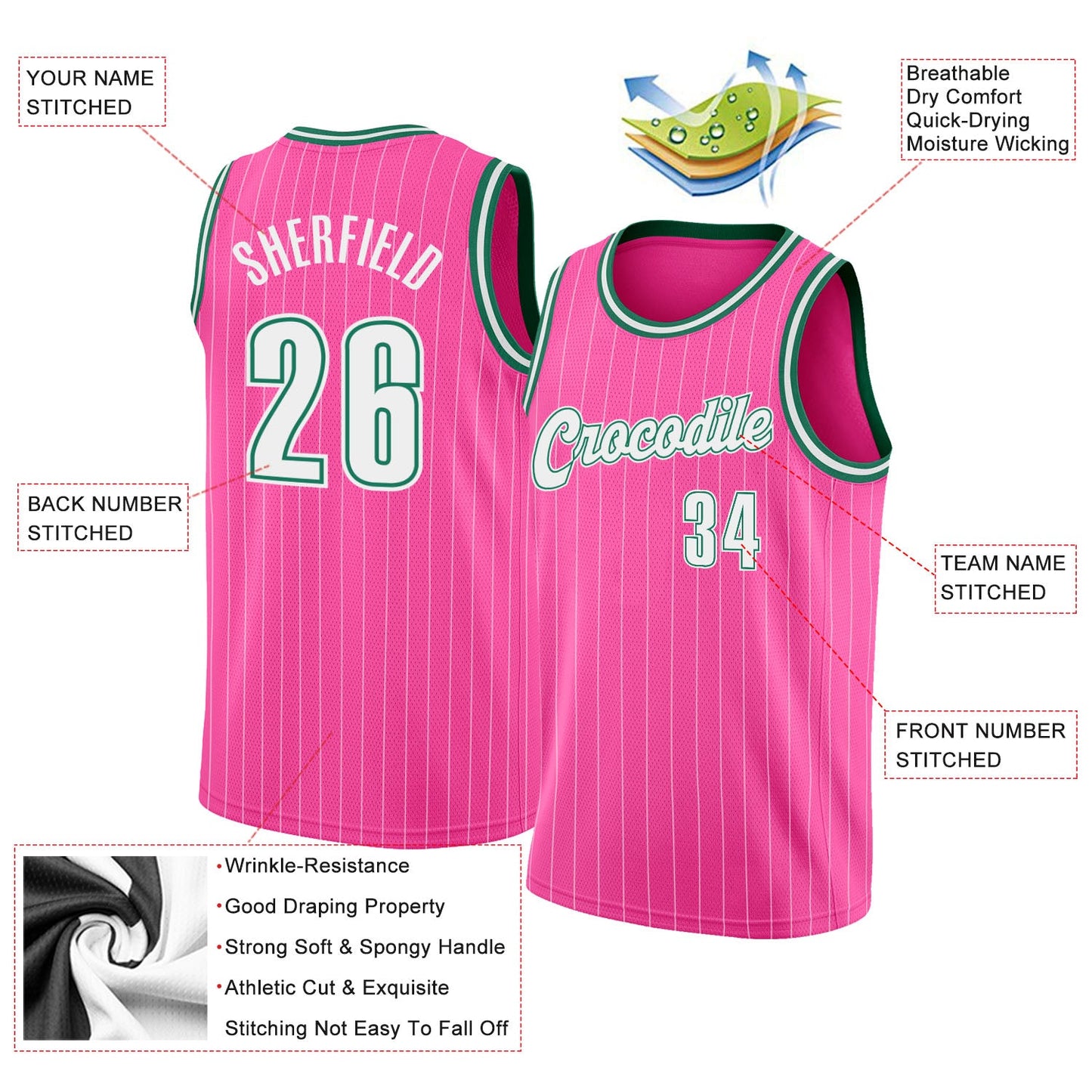 Custom Pink White Pinstripe White-Kelly Green Authentic Basketball Jersey - Sky-Custom