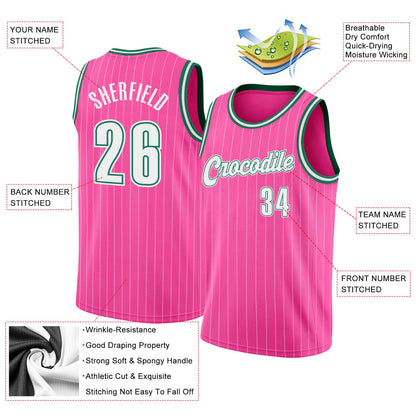 Custom Pink White Pinstripe White-Kelly Green Authentic Basketball Jersey - Sky-Custom