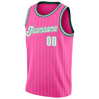 Custom Pink White Pinstripe White-Kelly Green Authentic Basketball Jersey - Sky-Custom