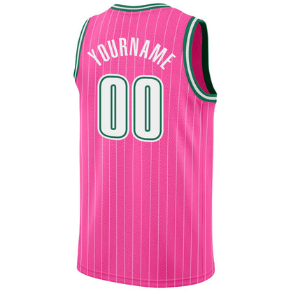 Custom Pink White Pinstripe White-Kelly Green Authentic Basketball Jersey - Sky-Custom