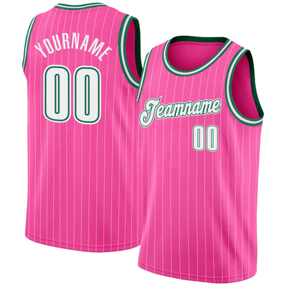 Custom Pink White Pinstripe White-Kelly Green Authentic Basketball Jersey - Sky-Custom