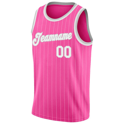 Custom Pink White Pinstripe White-Gray Authentic Basketball Jersey - Sky-Custom